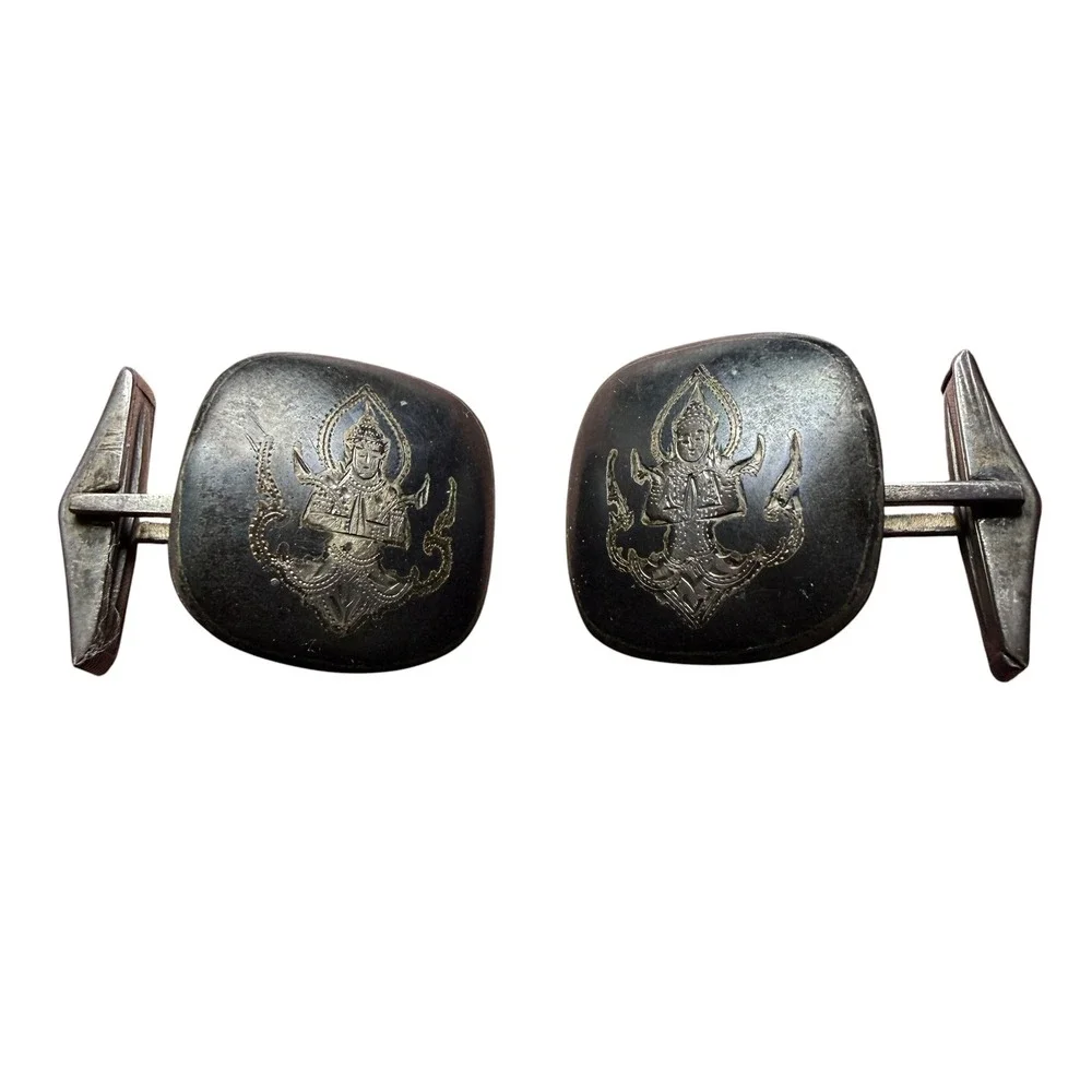 Vintage Sterling Silver Siam Niello Cufflinks Goddess Mekkala Thailand Square